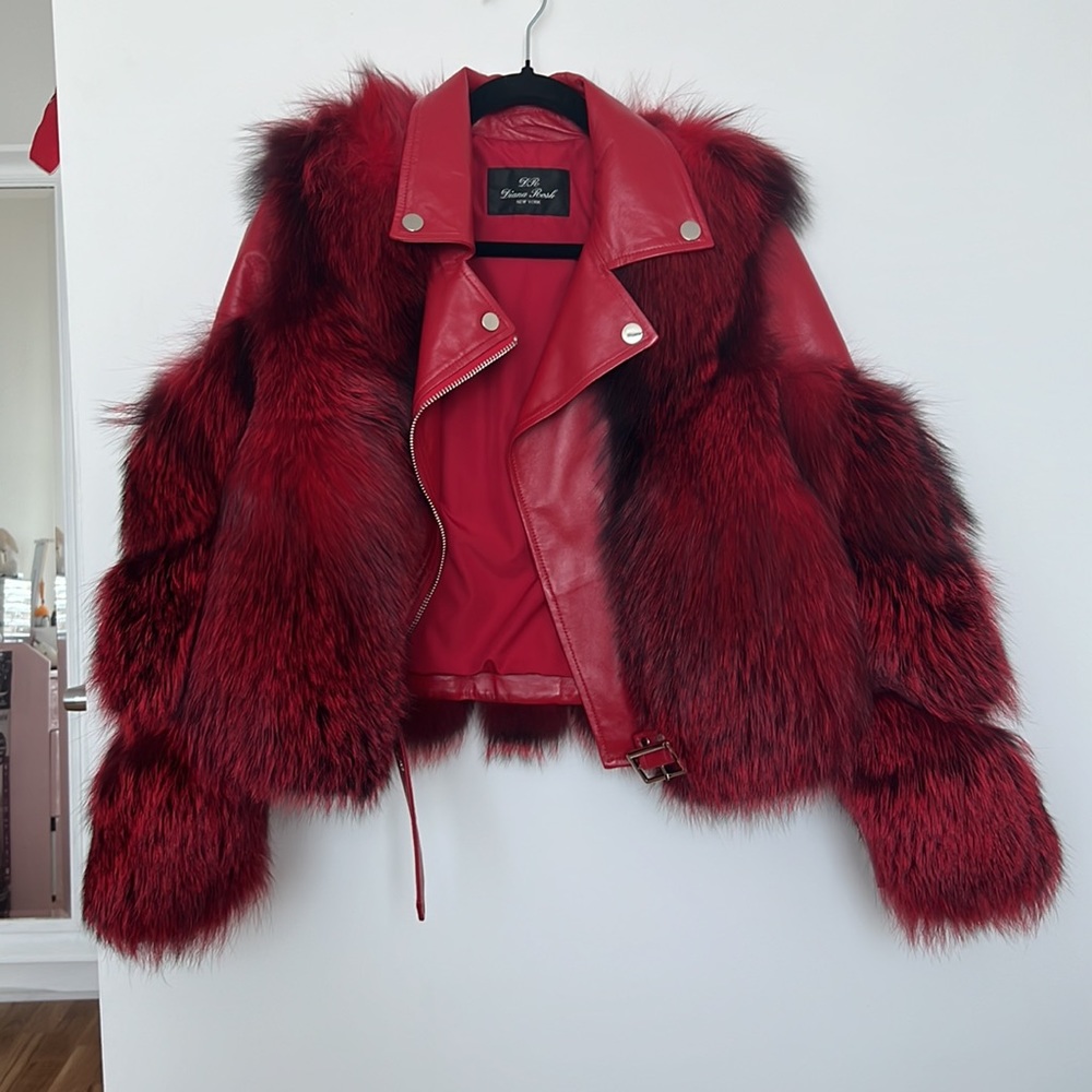 Like New Diana Roosh Bright Red Fox Fur Sheep Skin Leather Jacket Fur Coat View 5